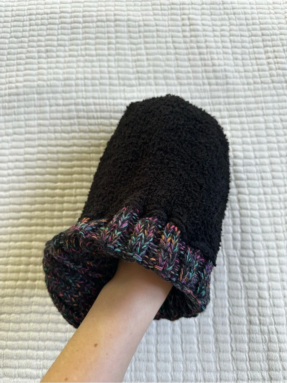 CC Fleece-Lined Warm Cozy Black Multicolor Cable Knit Pom Beanie